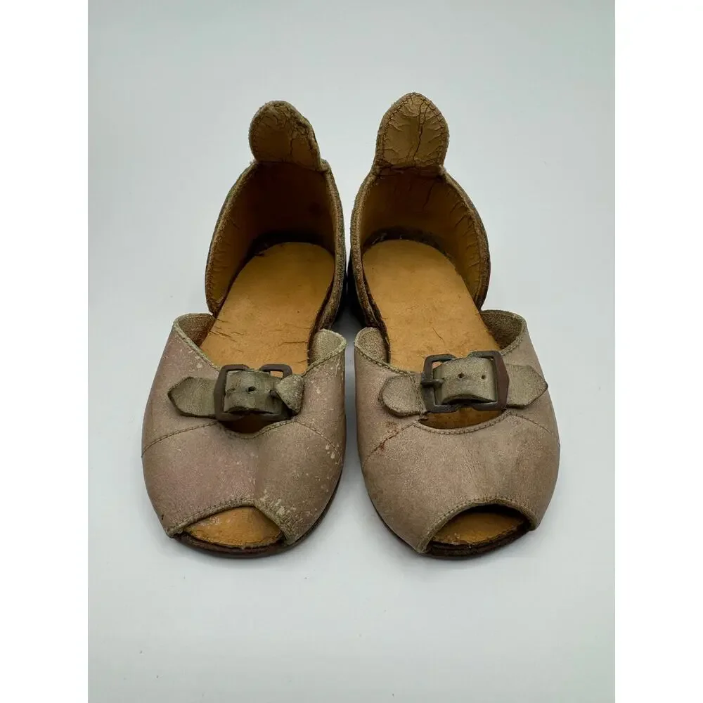 Rare‎ Antique Children's Leather Shoes Peep Toe Buckle Strap Aged Patina 5